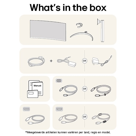 LG UltraWide Monitor 34WR55QK toont een overzicht van alle meegeleverde onderdelen in de doos, inclusief monitor, standaard, handleiding en USB-C-, HDMI- en DP-kabels.