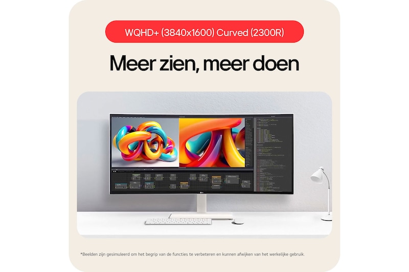 De LG UltraWide Monitor 38WR85QC in witte afwerking biedt een grote werkruimte voor professionele multitasking met zijn WQHD+ (3840x1600) resolutie en 2300R kromming.