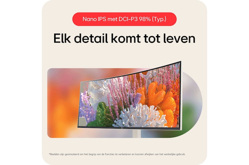LG UltraWide Monitor 38WR85QC in witte afwerking met Nano IPS-paneel en DCI-P3 98% kleurengamma, wat elk detail nauwkeurig tot leven brengt.