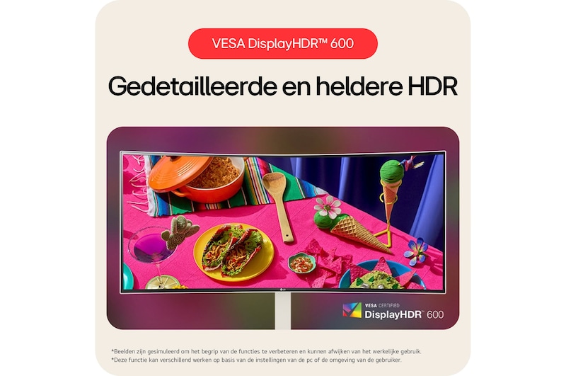 De LG UltraWide Monitor 38WR85QC in witte afwerking, gecertificeerd VESA DisplayHDR™ 600, levert heldere en duidelijke HDR-prestaties voor levendige beelddetails.