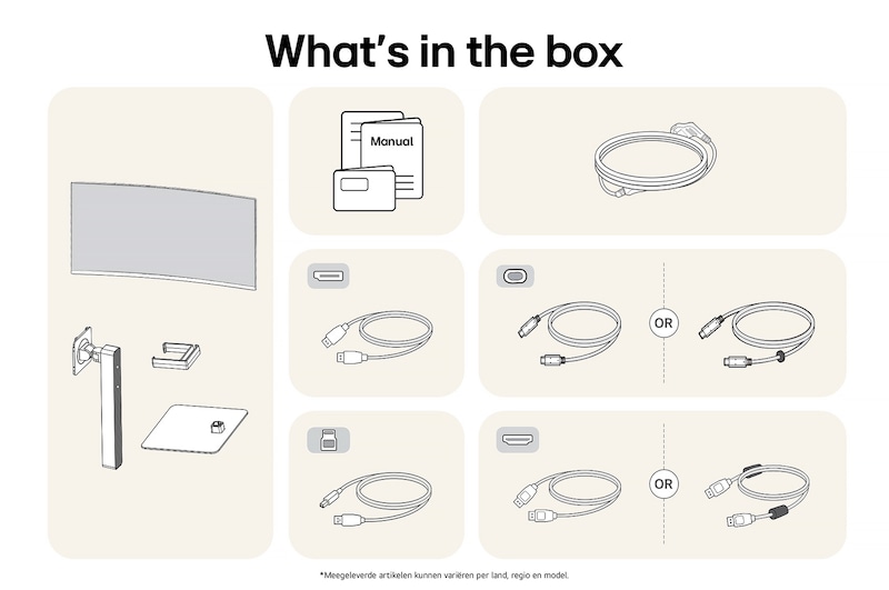 LG UltraWide Monitor 38WR85QC in witte afwerking toont een overzicht van alle meegeleverde onderdelen, inclusief monitor, standaard, handleiding en USB-C-, HDMI- en DP-kabels.