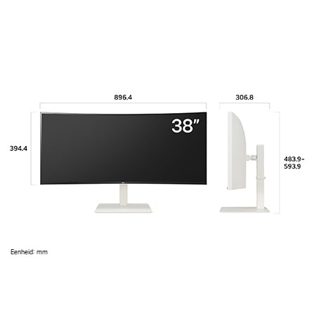 LG UltraWide Monitor 38WR85QC in witte afwerking toont productafmetingen, met een meting van 896,4 mm breedte, 306,8 mm displayhoogte, 483,9 mm tot 593,9 mm totale hoogte en 394,4 mm diepte.