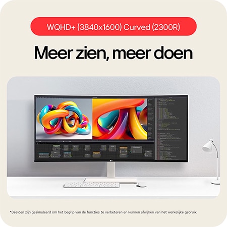 De LG UltraWide Monitor 38WR85QC in witte afwerking biedt een grote werkruimte voor professionele multitasking met zijn WQHD+ (3840x1600) resolutie en 2300R kromming.
