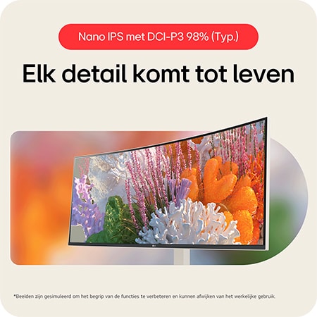LG UltraWide Monitor 38WR85QC in witte afwerking met Nano IPS-paneel en DCI-P3 98% kleurengamma, wat elk detail nauwkeurig tot leven brengt.