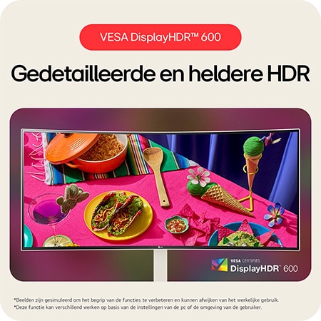 De LG UltraWide Monitor 38WR85QC in witte afwerking, gecertificeerd VESA DisplayHDR™ 600, levert heldere en duidelijke HDR-prestaties voor levendige beelddetails.