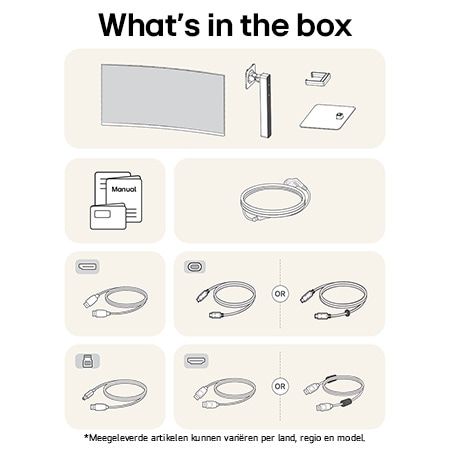 LG UltraWide Monitor 38WR85QC in witte afwerking toont een overzicht van alle meegeleverde onderdelen, inclusief monitor, standaard, handleiding en USB-C-, HDMI- en DP-kabels.