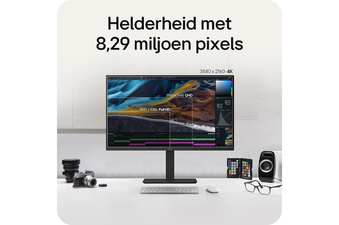 LG Monitor 32U720A benadrukt de helderheid door 8.29 miljoen pixels met 4K UHD (3840x2160) resolutie, wat nauwkeurige details toont voor videobewerking en design.