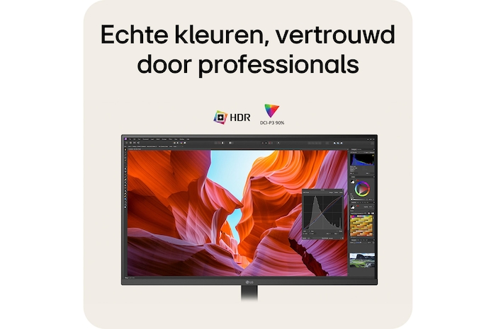 LG Monitor 32U720A verzekert waarheidsgetrouwe kleuren die professionals vertrouwen, met HDR ondersteuning en 90% DCI-P3 kleurengamma.