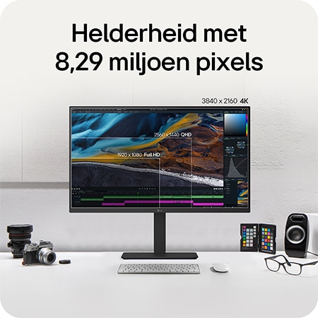 LG Monitor 32U720A benadrukt de helderheid door 8.29 miljoen pixels met 4K UHD (3840x2160) resolutie, wat nauwkeurige details toont voor videobewerking en design.