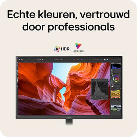 LG Monitor 32U720A verzekert waarheidsgetrouwe kleuren die professionals vertrouwen, met HDR ondersteuning en 90% DCI-P3 kleurengamma.