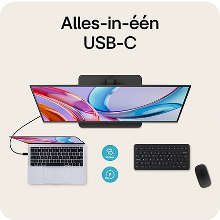 LG Monitor 32U720A toont de alles-in-één USB-C-connectiviteit, die 90W stroomlevering en 10 Gbps gegevensoverdracht via één kabel ondersteunt.