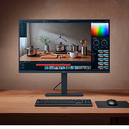 LG Monitor 32U720A in een donkere uitvoering staat centraal op een warm verlicht houten bureau, toont videobewerkingssoftware voor professionele kleurcorrectie.