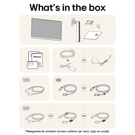 LG Monitor 32U720A toont een overzicht van alle meegeleverde onderdelen, inclusief monitorbehuizing, standaardonderdelen, handleiding, stroomadapter en HDMI-, DP- en USB-C-kabels.