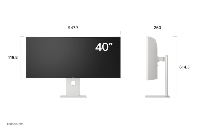 LG UltraFine Monitor 40U990A in witte afwerking toont productafmetingen, met een meting van 947,7 mm breedte, 419,8 mm displayhoogte, 614,3 mm totale hoogte en 260 mm diepte.