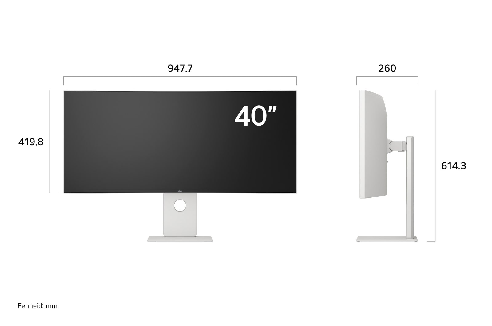 LG UltraFine Monitor 40U990A in witte afwerking toont productafmetingen, met een meting van 947,7 mm breedte, 419,8 mm displayhoogte, 614,3 mm totale hoogte en 260 mm diepte.