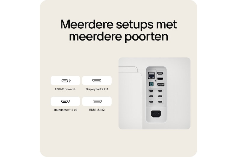 De LG UltraFine Monitor 40U990A, met dubbele Thunderbolt™ 5 en HDMI 2.1, biedt DisplayPort 2.1 en meerdere poorten voor snelle connectiviteit.