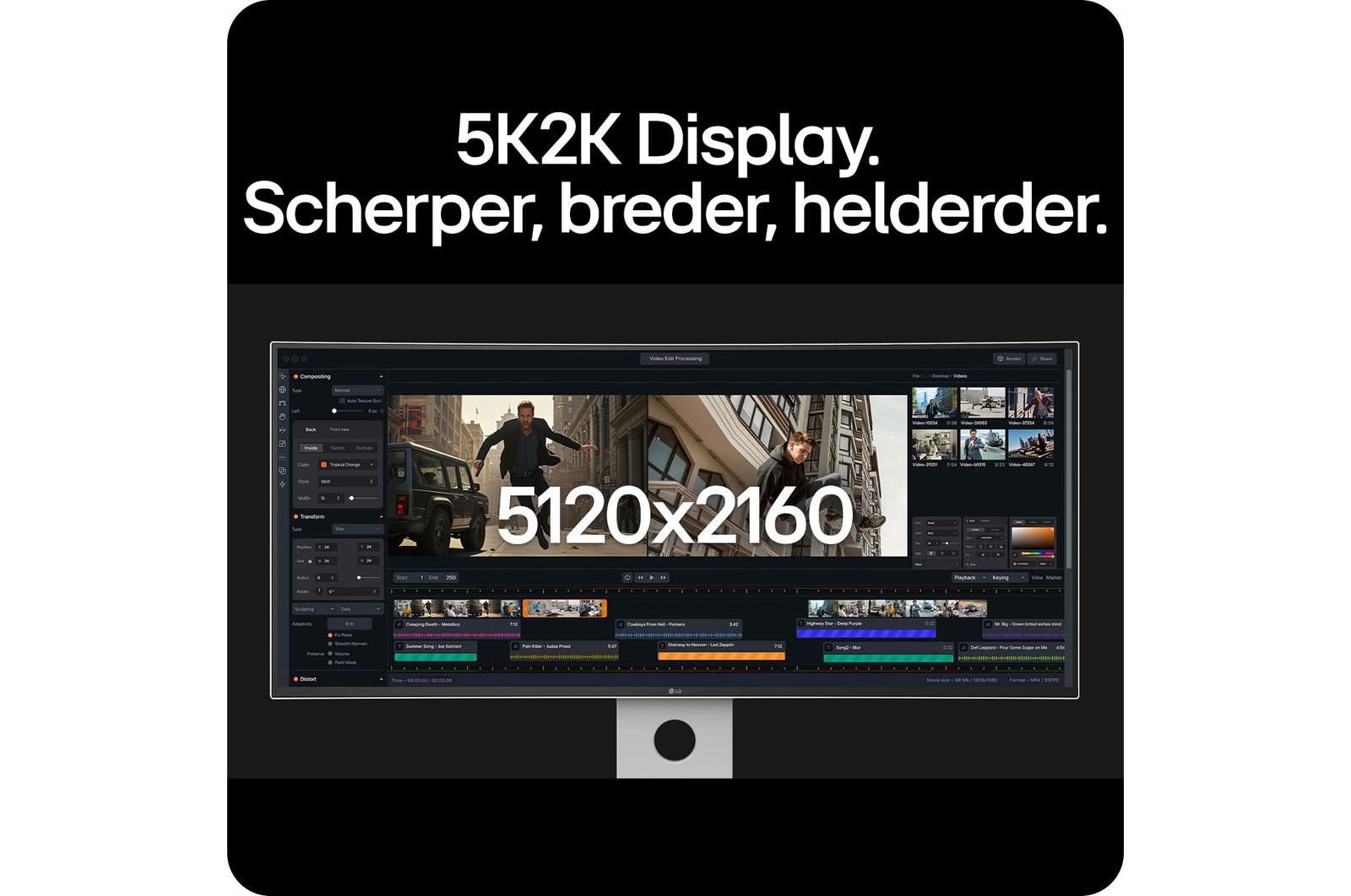 De LG UltraFine Monitor 40U990A, met 5K2K (5120x2160) UltraFine resolutie, biedt een scherpere, bredere werkruimte voor professionele videobewerking.