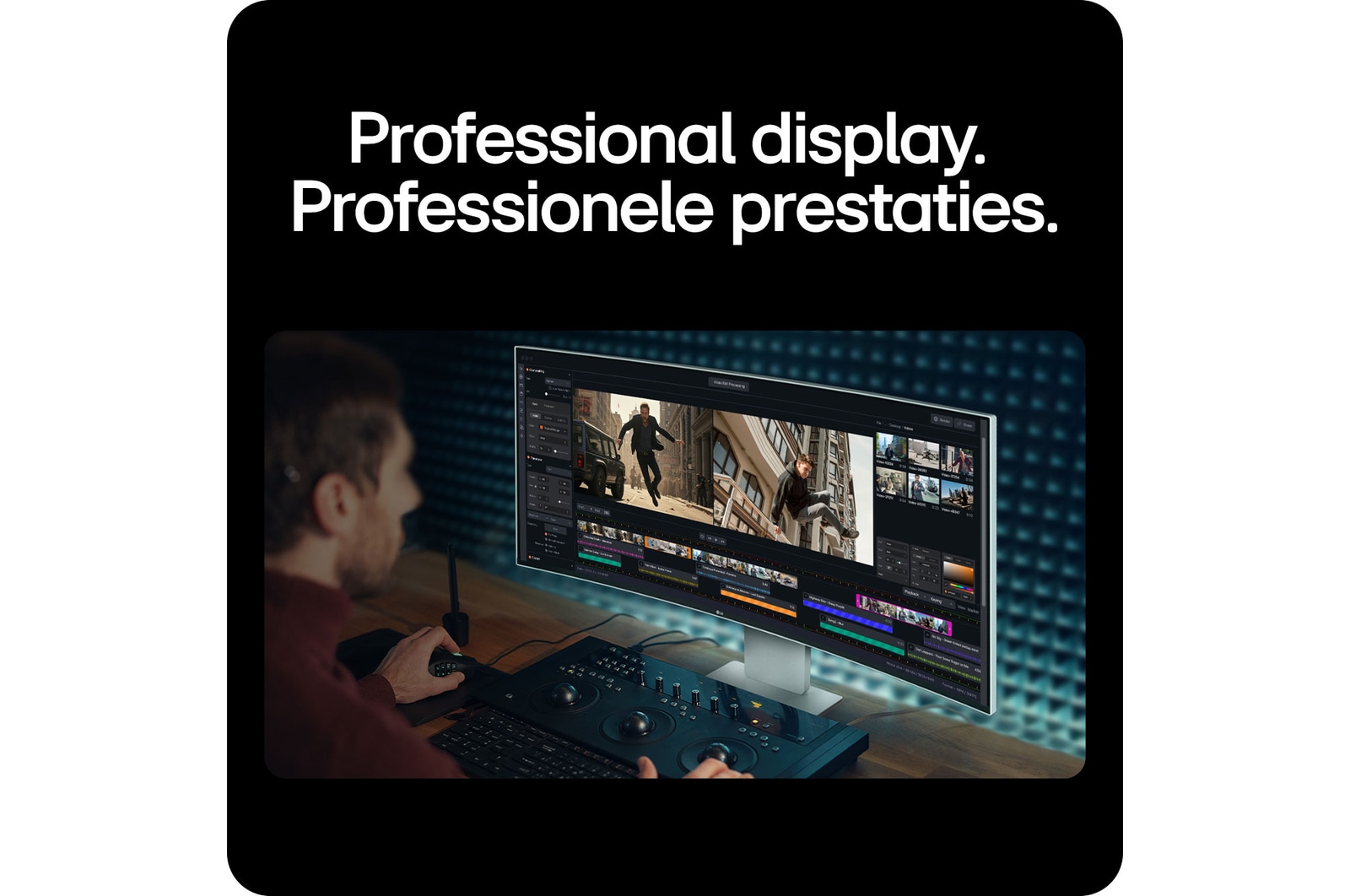 De LG UltraFine Monitor 40U990A, met 5K2K resolutie, wordt door een professional gebruikt met een kleurcorrectiepaneel voor geavanceerde videobewerking.