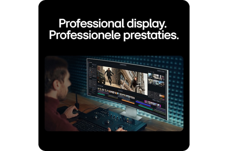 De LG UltraFine Monitor 40U990A, met 5K2K resolutie, wordt door een professional gebruikt met een kleurcorrectiepaneel voor geavanceerde videobewerking.