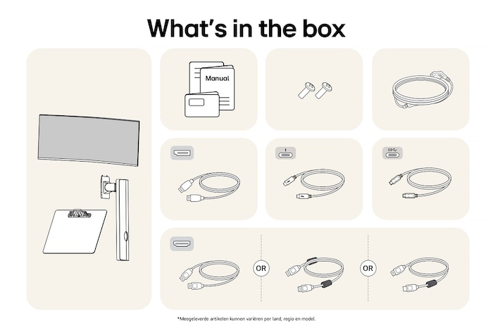 LG UltraFine Monitor 40U990A toont een overzicht van alle meegeleverde onderdelen, inclusief monitor, standaard, handleiding en Thunderbolt-, USB-C-, HDMI- en DP-kabels.