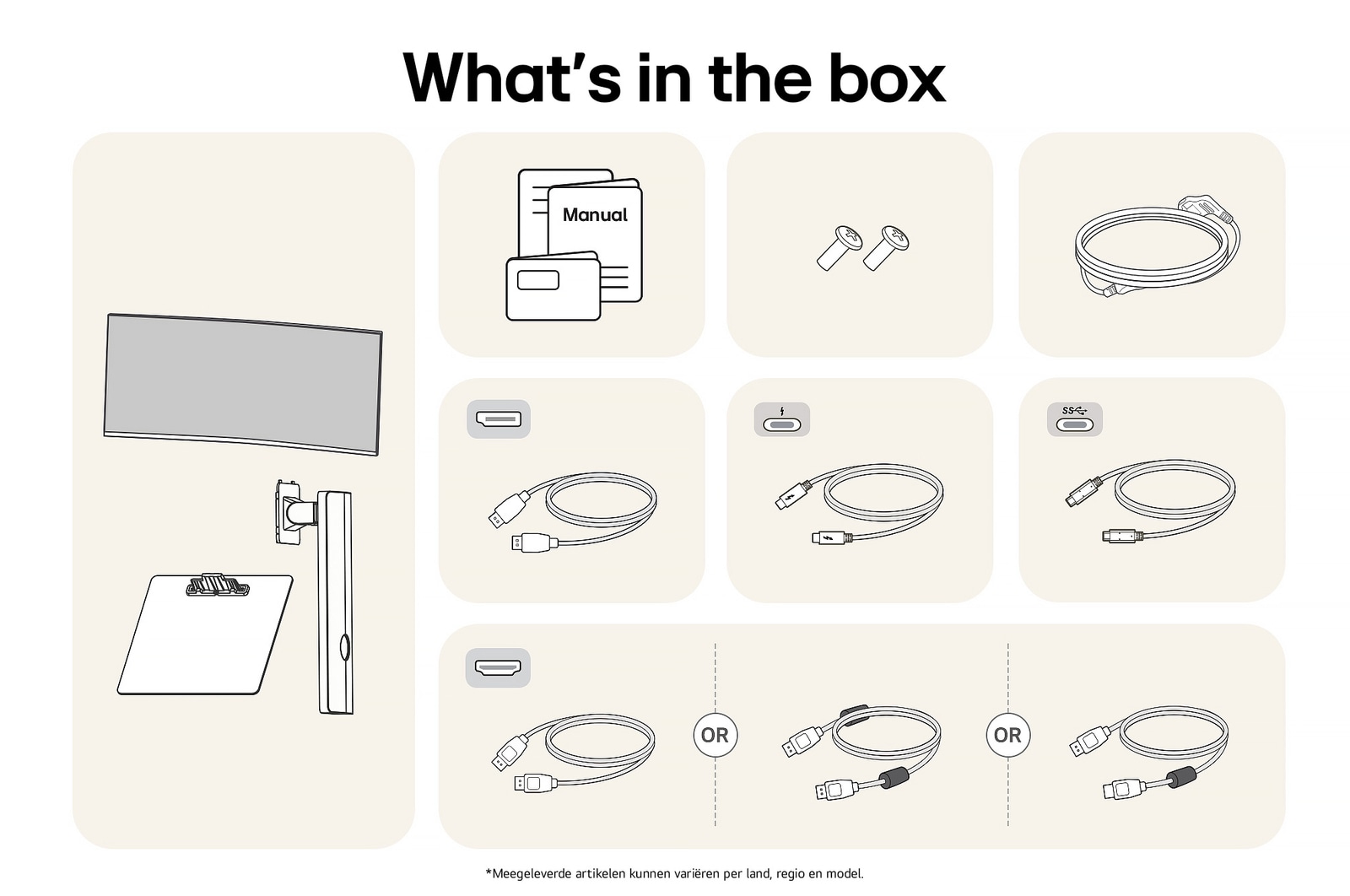LG UltraFine Monitor 40U990A toont een overzicht van alle meegeleverde onderdelen, inclusief monitor, standaard, handleiding en Thunderbolt-, USB-C-, HDMI- en DP-kabels.