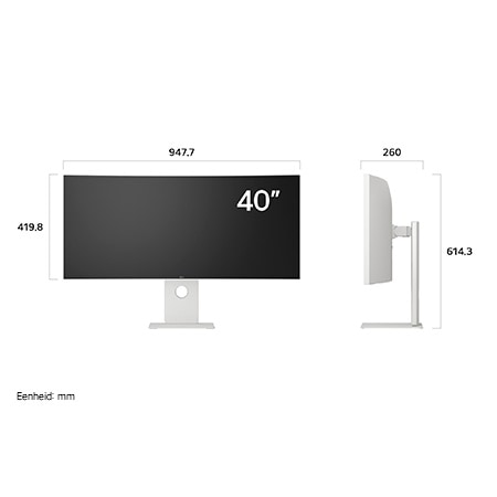 LG UltraFine Monitor 40U990A in witte afwerking toont productafmetingen, met een meting van 947,7 mm breedte, 419,8 mm displayhoogte, 614,3 mm totale hoogte en 260 mm diepte.