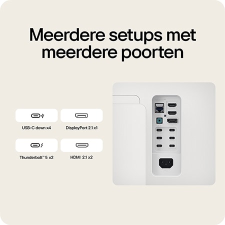 De LG UltraFine Monitor 40U990A, met dubbele Thunderbolt™ 5 en HDMI 2.1, biedt DisplayPort 2.1 en meerdere poorten voor snelle connectiviteit.