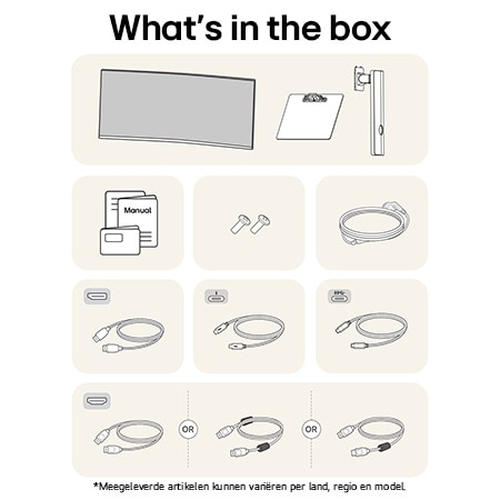 LG UltraFine Monitor 40U990A toont een overzicht van alle meegeleverde onderdelen, inclusief monitor, standaard, handleiding en Thunderbolt-, USB-C-, HDMI- en DP-kabels.