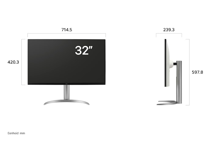 LG Monitor 32UQ850V-W toont productafmetingen, met een meting van 714.5 mm breedte, 420.3 mm displayhoogte, 597.8 mm totale hoogte en 239,3 mm diepte.