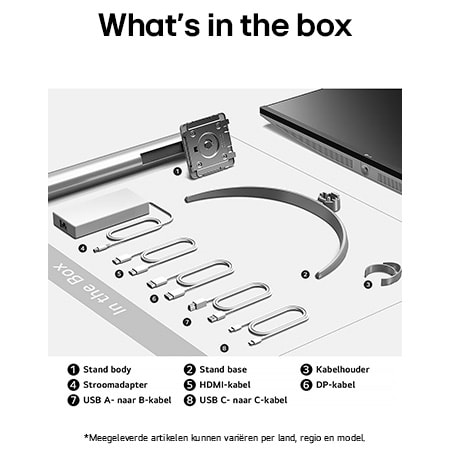 LG Monitor 32UQ850V-W toont een overzicht van alle meegeleverde onderdelen, inclusief monitor, standaard, handleiding, USB-C-, DP-, HDMI- en USB A-B-kabels.