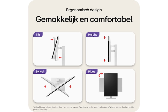LG Monitor 27US550 toont het ergonomische ontwerp met functies zoals Kantelen (Tilt), Hoogteverstelling, Draaien (Swivel) en Pivot voor eenvoudig en comfortabel gebruik.