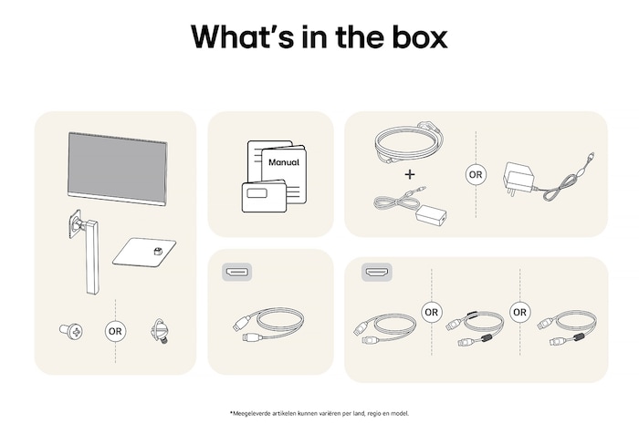 LG Monitor 27US550 toont een overzicht van alle meegeleverde onderdelen, inclusief monitorbehuizing, standaardonderdelen, handleiding, stroomadapter en HDMI- en DP-kabels.