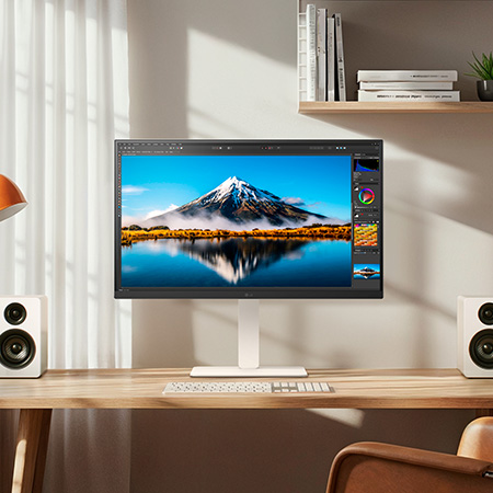 LG Monitor 27US550 in een wit ontwerp op een bureau, toont fotobewerkingssoftware met hoge kleurnauwkeurigheid voor professionele beeldbewerking.