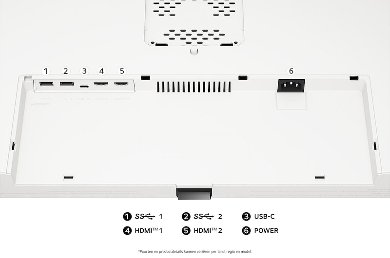 Achteraanzicht van de LG UltraFine Display 37U730SA in een witte uitvoering, toont de poortspecificaties met twee HDMI™-poorten, twee USB-IN-poorten, een USB-C-poort en de DC-IN stroomingang.