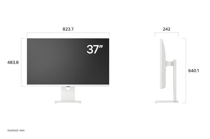 LG UltraFine Display 37U730SA in een witte uitvoering toont productafmetingen in voor- en zijprofiel, met een meting van 823.7 mm breedte, 483.8 mm displayhoogte, 640.1 mm totale hoogte en 242 mm diepte.