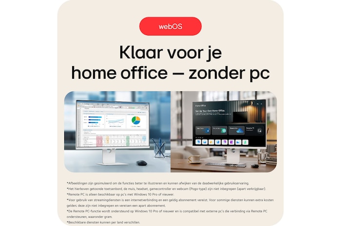 LG Monitor 37U730SA toont de webOS met Thuiswerk functie, waarmee volledig zonder pc gewerkt kan worden via externe pc-verbinding en app-toegang.