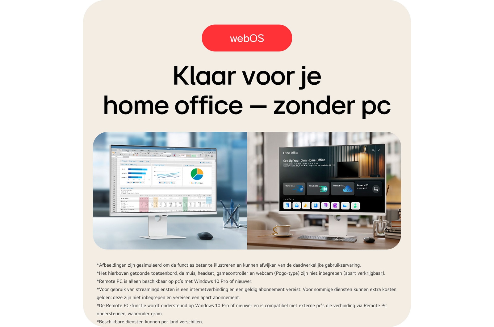 LG Monitor 37U730SA toont de webOS met Thuiswerk functie, waarmee volledig zonder pc gewerkt kan worden via externe pc-verbinding en app-toegang.