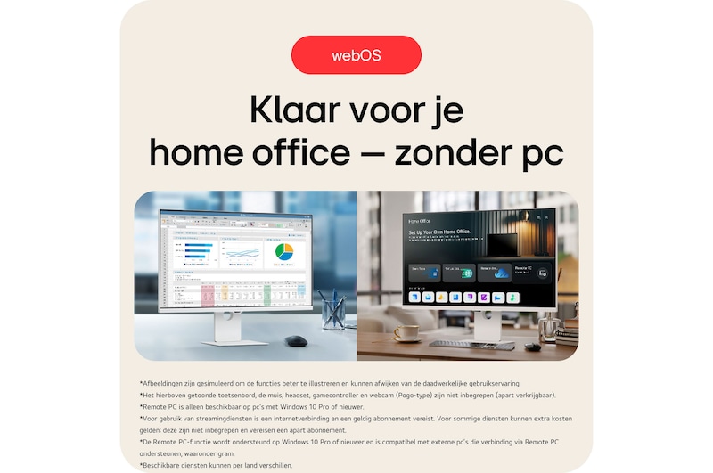 LG Monitor 37U730SA toont de webOS met Thuiswerk functie, waarmee volledig zonder pc gewerkt kan worden via externe pc-verbinding en app-toegang.