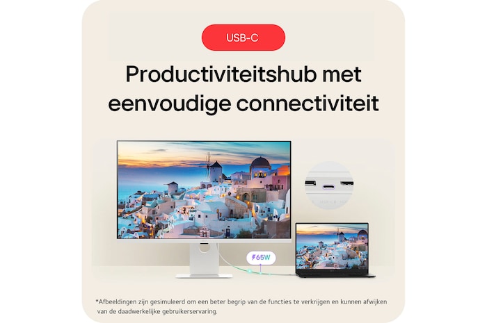 LG Monitor 37U730SA toont zijn functie als productiviteitshub met eenvoudige USB-C-connectiviteit en 65W oplaadmogelijkheid voor laptops.