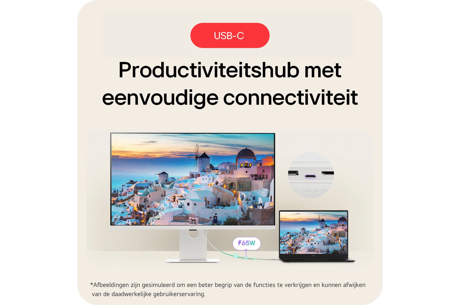LG Monitor 37U730SA toont zijn functie als productiviteitshub met eenvoudige USB-C-connectiviteit en 65W oplaadmogelijkheid voor laptops.