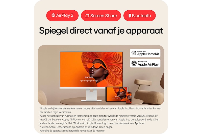 LG Monitor 37U730SA benadrukt de draadloze mirroring van smartphone- en tabletcontent via AirPlay 2 en Screen Share met ingebouwde Bluetooth.