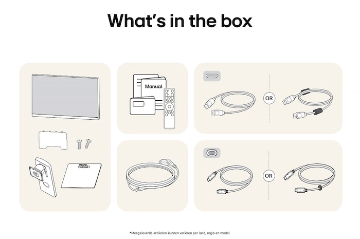 LG Monitor 37U730SA toont een overzicht van alle meegeleverde onderdelen, inclusief de monitorbehuizing, standaardonderdelen, handleiding, afstandsbediening en HDMI-, DP- en USB-C-kabels.