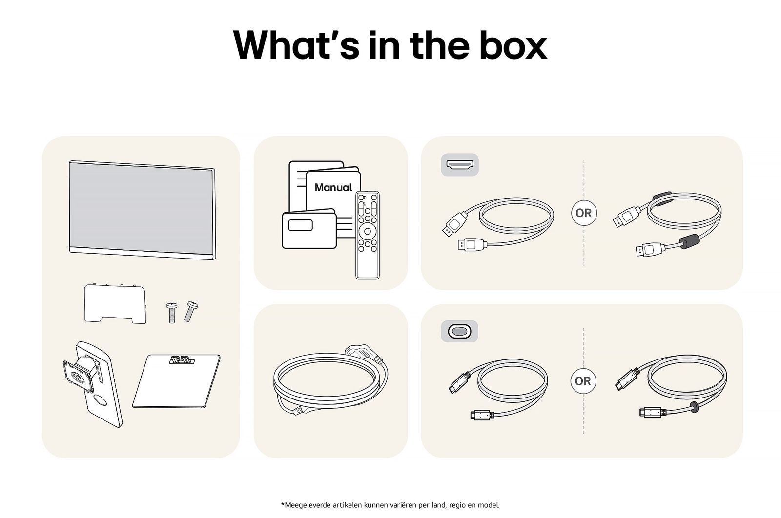LG Monitor 37U730SA toont een overzicht van alle meegeleverde onderdelen, inclusief de monitorbehuizing, standaardonderdelen, handleiding, afstandsbediening en HDMI-, DP- en USB-C-kabels.