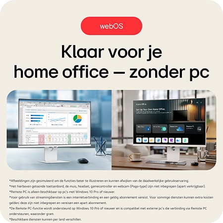 LG Monitor 37U730SA toont de webOS met Thuiswerk functie, waarmee volledig zonder pc gewerkt kan worden via externe pc-verbinding en app-toegang.