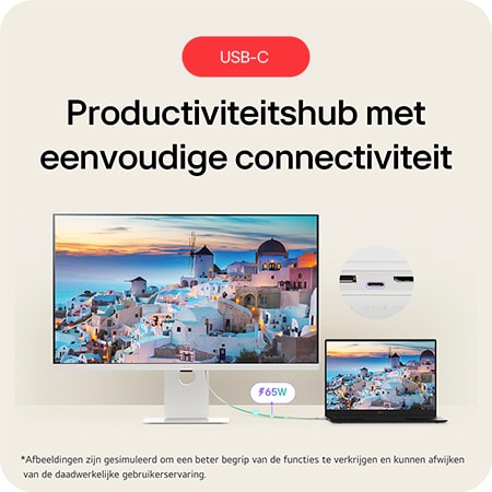 LG Monitor 37U730SA toont zijn functie als productiviteitshub met eenvoudige USB-C-connectiviteit en 65W oplaadmogelijkheid voor laptops.