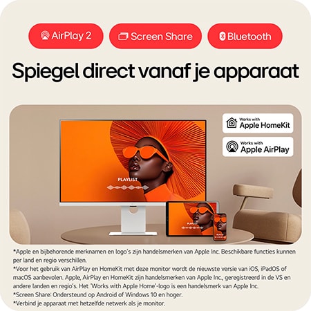 LG Monitor 37U730SA benadrukt de draadloze mirroring van smartphone- en tabletcontent via AirPlay 2 en Screen Share met ingebouwde Bluetooth.