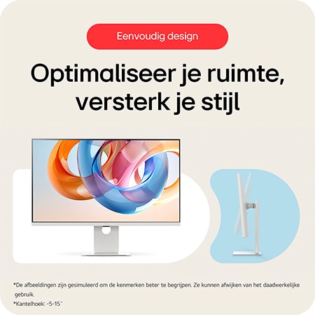 LG Monitor 37U730SA demonstreert zijn eenvoudige ontwerp dat ruimte optimaliseert en stijl verbetert, met kantelfunctie en een minimalistische standaard.