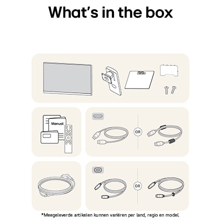 LG Monitor 37U730SA toont een overzicht van alle meegeleverde onderdelen, inclusief de monitorbehuizing, standaardonderdelen, handleiding, afstandsbediening en HDMI-, DP- en USB-C-kabels.