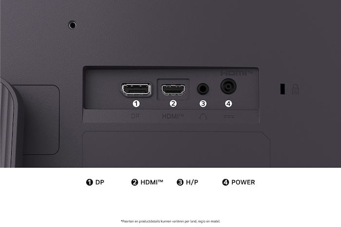 Achteraanzicht van de LG UltraGear™ Monitor 24G411A in Zwart, met de aansluitingssleuven, inclusief DisplayPort, HDMI™-poort en hoofdtelefoonuitgang (H/P).