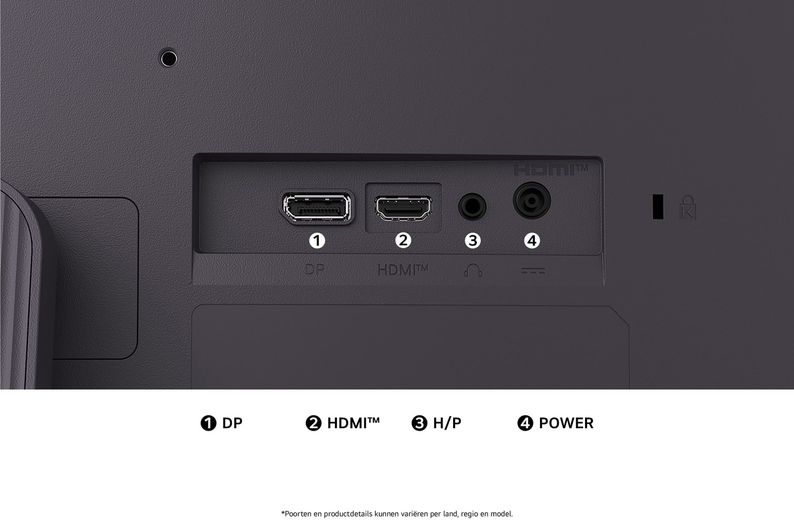 Achteraanzicht van de LG UltraGear™ Monitor 24G411A in Zwart, met de aansluitingssleuven, inclusief DisplayPort, HDMI™-poort en hoofdtelefoonuitgang (H/P).